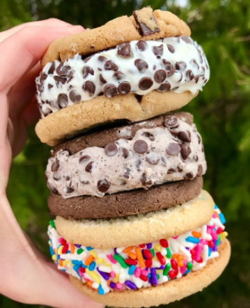 Assorted ice cream sandwiches with various cookie and ice cream combinations