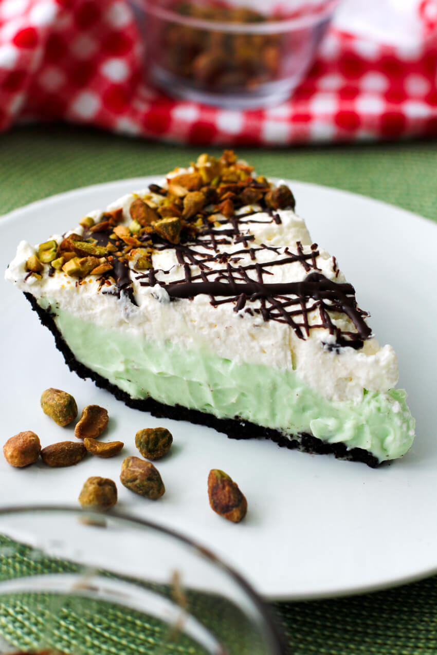 A pistachio ice cream pie with a golden crust